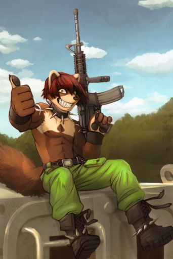 anthro ar-15 assault_rifle belt biped boots bottomwear brown_body brown_fur brown_hair brown_tail clothed clothing cloud collar day detailed_background digital_media_(artwork) footwear fur gesture grin gulonine gun hair holding_gun holding_object holding_weapon iskra konrad_zengel looking_at_viewer m4 male mammal marten mustelid musteline outside pants pawpads plant ranged_weapon rifle shaded sharp_teeth short_hair sitting sky smile solo spiked_collar spikes teeth thumbs_up topless tree weapon weaver_rail wristband yellow_eyes // 700x1049 // 1.3MB
