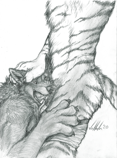 ambiguous_gender anthro canid canine canis claws clothing duo felid feline graphite_(artwork) hand_on_head hand_on_leg hand_on_thigh hypnosis male mammal mind_control nose_wrinkle oral pantherine paws pencil_(artwork) ringed_eyes teeth teeth_showing tiger tongue tongue_out traditional_media_(artwork) underwear vellum wolf // 593x800 // 942.7KB