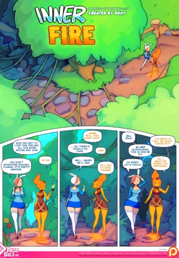 clothed clothing comic doxy duo elemental_creature english_text female fionna_the_human fire fire_creature flame_princess hair hi_res human humanoid mammal not_furry princess red_hair royalty text url // 1250x1799 // 3.6MB