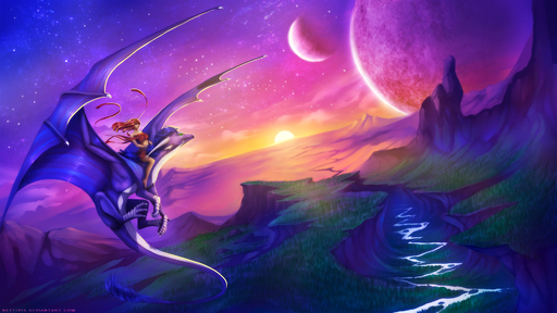 16:9 ambiguous_gender canyon detailed_background dragon duo female feral flying hi_res human mammal membrane_(anatomy) membranous_wings neytirix outside riding river sky star starry_sky sun sunset wings // 1920x1080 // 741.2KB