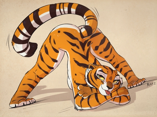 2021 bent_over breasts butt claws dreamworks fur hi_res jack-o'_crouch_pose jack-o_crouch kung_fu_panda looking_at_viewer master_tigress nude orange_body orange_fur raaz simple_background smile stripes tongue tongue_out // 2048x1535 // 600.6KB