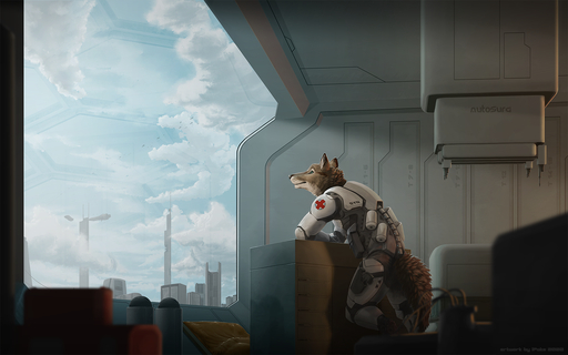 16:10 2020 anthro brown_body brown_fur building canid canine canis city clothed clothing cloud detailed_background fully_clothed fur hi_res inside ipoke light lighting male mammal sky solo widescreen window wolf // 1600x1000 // 1.1MB