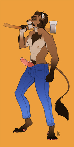 2016 5_fingers 5_toes abs anthro armpit_hair athletic athletic_anthro athletic_male axe barbed_humanoid_penis barefoot biped black_nose body_hair bottomwear brown_body brown_fur brown_hair chest_hair cigar clothed clothing denim denim_clothing digitigrade erection facial_hair feet felid fingers fur furlana genitals glans grin hair half-closed_eyes hi_res holding_object humanoid_genitalia humanoid_penis hybrid_genitalia hybrid_penis jeans lion looking_at_viewer male mammal melee_weapon muzzle_scabs narrowed_eyes navel nipples object_in_mouth pantherine pants pants_down partially_clothed penile_spines penis pink_penis pubes red_eyes sideburns simple_background smile solo standing teeth toes topless weapon weapon_on_shoulder yellow_sclera // 886x1752 // 473.7KB