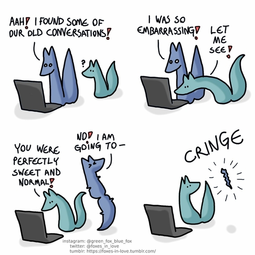 1:1 ambiguous_gender blue_body blue_fox_(foxes_in_love) blue_fur blue_tail canid canine comic computer dialogue duo english_text feral fox foxes_in_love fur green_body green_fox_(foxes_in_love) green_fur green_tail hi_res laptop male_(lore) mammal shadow simple_background text url // 1600x1600 // 233.0KB