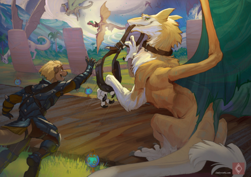 amarian anthro armor blonde_hair claws clothed clothing collar dragon duo feral fur furred_dragon hair hybrid lutrine male mammal membrane_(anatomy) membranous_wings mostly_nude mustelid plate_armor sergal sharp_teeth teeth wings // 1389x982 // 2.2MB