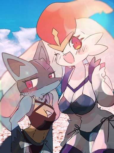 anthro big_breasts bikini blue_body blue_fur blush breasts canid canine cinderace cleavage clothed clothing digital_media_(artwork) duo eyelashes female fingers fur hi_res lagomorph larger_female long_ears lucario mammal mkz_kabeuchi navel one_eye_closed open_mouth pokemon_(species) red_eyes size_difference smaller_female smile swimwear video_games white_body white_fur wink // 1536x2048 // 311.2KB