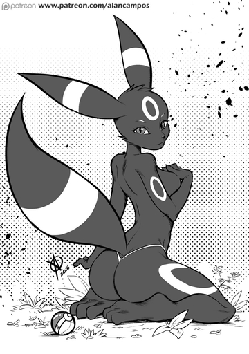 2016 alanscampos anthro anthrofied biped black_nose breasts butt clothed clothing covering covering_self eeveelution female fur grey_body grey_fur greyscale hi_res kneeling looking_at_viewer monochrome nude pokemon_(species) pokemorph rear_view side_boob smile solo text thong topless umbreon underwear url video_games wide_hips // 1056x1500 // 548.4KB