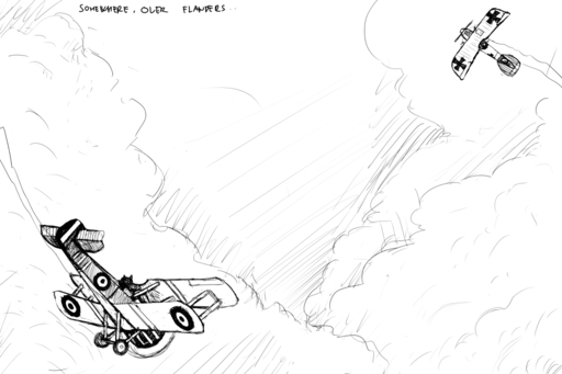 aircraft airplane ambiguous_gender biplane black_and_white cloud comic cross english_text flying hladilnik iron_cross monochrome outside simple_background sky text vehicle world_war_1 // 1280x853 // 297.4KB