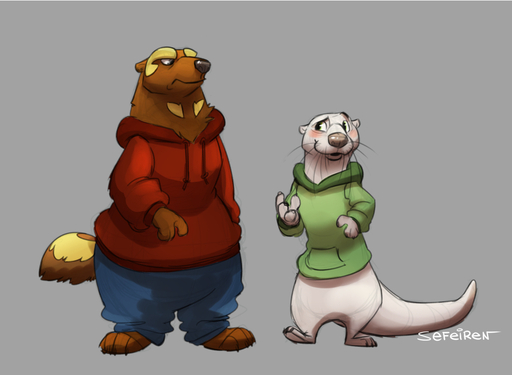 2016 anthro blush bottomwear brown_body brown_fur claws clothed clothing conditional_dnp duo female fur gulonine hindpaw hoodie lutrine male mammal mustelid musteline otterface pants partially_clothed paws sefeiren standing thick_tail topwear whiskers white_body white_fur wolverine // 1000x732 // 260.7KB
