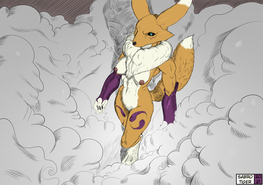 2021 anthro breasts canid casual_exposure claws clothing color_edit colored digimon_(species) edit female fingerless_gloves fur gloves gloves_only handwear handwear_only high-angle_view looking_at_viewer mammal mostly_nude neck_tuft nipples purple_body purple_fur renamon sabrotiger solo standing tuft white_body white_fur yellow_body yellow_fur // 1530x1080 // 1.6MB