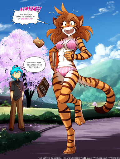 2019 anthro backpack barefoot biped black_body black_fur blue_hair blush bodily_fluids book bra bread breasts brown_hair butter chest_tuft clothed clothing conditional_dnp dairy_products detailed_background dialogue digitigrade duo embarrassed english_text feet felid female flora_(twokinds) food fur hair hands_in_pockets hi_res holding_object human humor japanese keidran lingerie male mammal midriff navel nonchalant one_leg_up open_mouth orange_body orange_fur outside pantherine panties patreon pattern_clothing pattern_underwear plant pockets raised_leg screaming signature skimpy sky striped_body striped_clothing striped_fur striped_underwear stripes sweat text tiger toast tom_fischbach trace_legacy tree tuft twokinds underwear url webcomic webcomic_character // 1204x1600 // 1.9MB