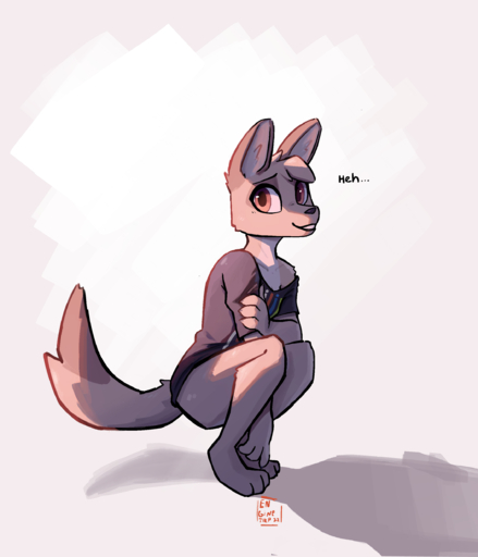 2022 absurd_res anthro bottomwear canid canine canis clothed clothing crouching digital_media_(artwork) enginetrap female fully_clothed fur head_tuft hi_res jackal light lighting mammal shaded shorts smile solo syl_(enginetrap) tan_body tan_fur tuft // 2113x2463 // 993.6KB