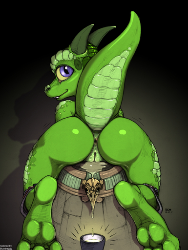 absurd_res anthro anus bluedraggy butt claws ecmajor female genitals green_body green_skin hi_res horn kobold lizard looking_at_viewer looking_back nude presenting presenting_hindquarters pussy raised_tail rear_view reptile scalie solo thick_thighs wide_hips // 1994x2654 // 2.9MB