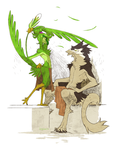 anthro avian bottomwear clothing dancing digitigrade duo feathers green_body green_feathers lime_ade lingrimm loincloth male mammal nevrean sergal sitting size_difference undressing // 785x1000 // 586.7KB