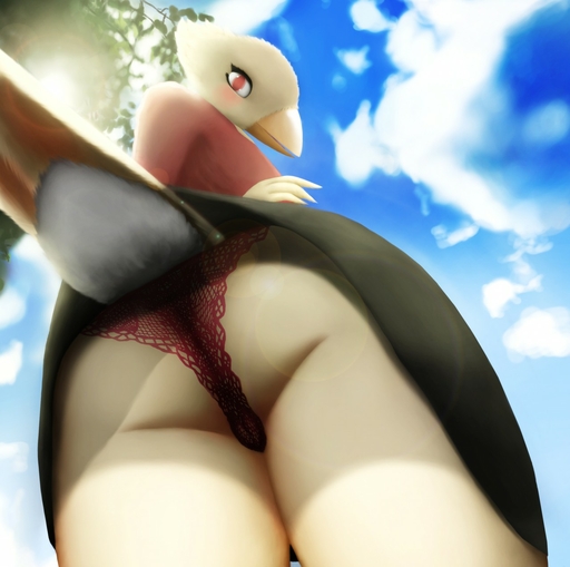 anthro avian beak bird blouse blush bottomwear butt camel_toe canary clothing cloud embarrassed feathers female finch hi_res lace lace_panties low-angle_view open_beak open_mouth oscine outside panties passerine plant raised_tail red_eyes shadow skirt sky soft solo sun surprise tail_upskirt thousandfoldfeathers tongue topwear tree underbutt underwear upskirt vanilla_(canary) worm's-eye_view // 1280x1273 // 159.9KB