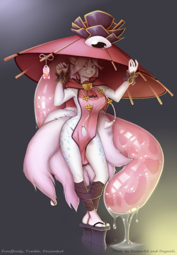2017 absurd_res anthro big_breasts blue_eyes breasts canid canine clothed clothing dagmell demon digital_media_(artwork) female footwear fox fur ghost hi_res huge_tongue long_tongue mammal monster_girl_(genre) multi_tail reaper3d sandals simple_background smile spirit tongue umbrella white_body white_fur // 2522x3628 // 4.1MB