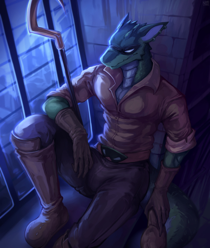 2022 anthro clothed clothing cosplay ear_piercing fully_clothed gloves green_body green_scales handwear hi_res kobold male mask nurinaki piercing scales scalie sitting sly_cooper solo staff video_games window // 1058x1250 // 1.2MB