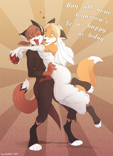 <3 anthro blonde_hair brown_hair buke canid canine clothed clothing digital_media_(artwork) dress duo female fox fully_clothed hair male malefemale mammal open_mouth standing suit tongue twinkle-sez wedding_dress // 740x1024 // 312.1KB
