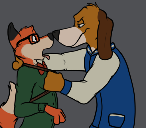 anthro anthrofied canid canine canis clothing copper_(fath) digital_media_(artwork) domestic_dog duo eyewear flat_colors fox glasses jock male malemale mammal nerd nose_to_nose rotten_robbie tod_(fath) // 628x550 // 122.1KB