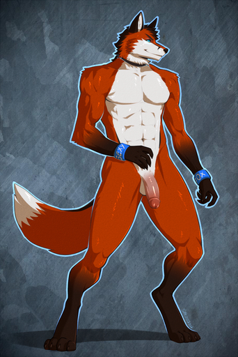 2012 abs abstract_background anthro athletic balls biceps biped blue_eyes brown_body brown_fur brown_nose canid canine chipfox circumcised claws collar flaccid fox fur genitals grin hair humanoid_genitalia humanoid_penis male mammal muscular muscular_anthro nude pecs penis pinup pose red_fox simple_background smile solo spearfrost standing toe_claws vulpes white_balls white_body white_fur wristband // 734x1100 // 1.1MB