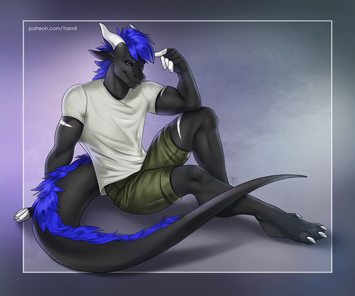 2020 4_toes 5_fingers anthro blue_eyes blue_hair clothed clothing digital_media_(artwork) dragon eyebrows eyelashes feet fingers hair male sitting smile solo toes wingless_dragon yasmil // 1000x834 // 928.8KB