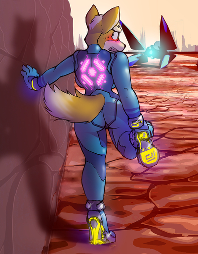 anthro back_boob big_butt blush breasts butt canid canine clothed clothing cosplay crossgender crossover crossover_cosplay dracojeff female fox fox_mccloud hi_res looking_back mammal metroid mtf_crossgender nintendo solo star_fox video_games zero_suit // 1000x1278 // 1.3MB