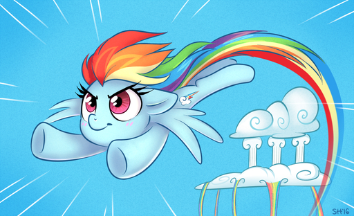 2016 cloudsdale equid equine feathered_wings feathers female feral flying hair horse mammal multicolored_hair pegasus purple_eyes rainbow rainbow_dash_(mlp) rainbow_hair solo sonic_rainboom sorc wings young // 976x594 // 747.3KB