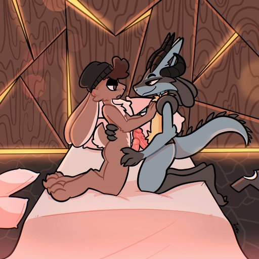 absurd_res anthro bedroom bedroom_eyes canid canine duo eye_contact feet genitals hi_res holding_each_other kneeling_on_bed lagomorph leporid looking_at_another lucario male malemale mammal narrowed_eyes nude penis pokemon_(species) rabbit seductive the_xing1 video_games // 3000x3000 // 656.8KB