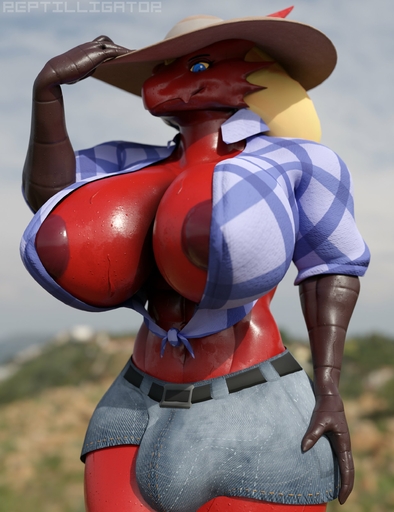 2022 3d_(artwork) absurd_res anthro areola big_breasts blaziken blue_eyes bodily_fluids bottomwear breasts bulge clothed clothing crop_top detailed_background digital_media_(artwork) gynomorph hand_on_hat hand_on_hip hat headgear headwear hi_res huge_breasts intersex muscular muscular_gynomorph muscular_intersex pokemon_(species) red_areola red_body reptilligator shirt shorts smile solo sweat topwear video_games yellow_sclera // 1920x2495 // 417.9KB