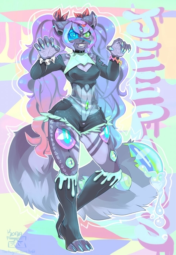 anthro canid canine clothed clothing female grungecandy heterochromia hi_res looking_at_viewer mammal smile solo standing wide_hips // 886x1280 // 224.0KB