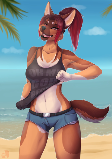 anthro beach bottomwear canid canine canis clothed clothing clothing_lift cloud denim denim_clothing detailed_background domestic_dog ember_(alphabitch) female german_shepherd hair herding_dog hi_res mammal midriff open_mouth outside pastoral_dog pink_eyes ponytail sand seaside shirt shirt_lift shorts skimpy sky smile smirk solo sun tank_top topwear undressing water wyla // 848x1200 // 658.5KB