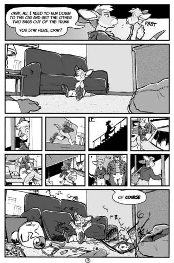2014 adrian_gray ali_gray anthro bottomless canid canine casual_exposure clothed clothing comic cub digital_media_(artwork) english_text female greyscale kangaroo macropod mammal marsupial monochrome mother mother_and_child mother_and_son parent parent_and_child relatable rick_griffin son speech_bubble text ursid young // 699x1053 // 524.5KB
