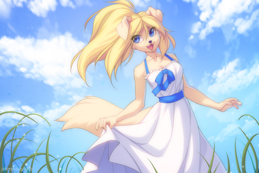 2019 5_fingers anthro blonde_hair blue_eyes canid canine canis clothed clothing day detailed_background digital_media_(artwork) domestic_dog dress eyebrows eyelashes female fingers hair iskra mammal outside shaded sky smile solo standing // 1000x667 // 616KB