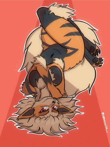 2019 4_toes anthro arcanine big_breasts black_body black_fur blonde_hair breasts capaoculta covering covering_crotch covering_pussy digital_media_(artwork) fangs featureless_breasts feet female fur hair hi_res kasumi_(garasaki) looking_at_viewer lying navel nintendo nude on_back orange_body orange_fur pokemon pokemon_(species) red_eyes shadow signature solo toes video_games yellow_body yellow_fur // 1535x2048 // 365.2KB