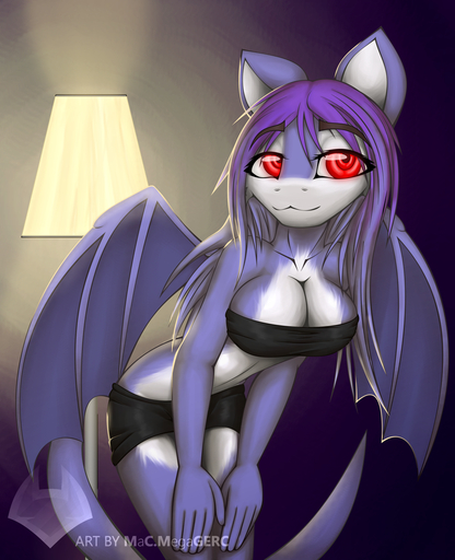 anthro breasts cleavage clothed clothing female hair hi_res lamp macmegagerc nexus_akanuva purple_hair red_eyes skimpy solo unknown_species // 975x1200 // 1.0MB