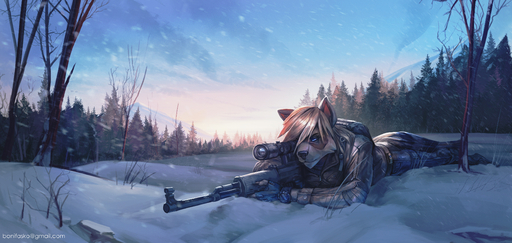 anthro backpack blue_eyes bonifasko claws clock clothed clothing detailed_background fingerless_gloves fur gloves gun hair hair_over_eye handwear holding_gun holding_object holding_weapon lying male mammal on_front one_eye_obstructed outside procyonid raccoon ranged_weapon rifle sniper_rifle snow solo text url watch weapon wristwatch // 1400x665 // 776.5KB