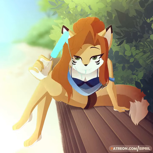 anthro beach bench bra breasts canid canine cleavage clothed clothing eipril elisabeth_(eipril) female food fox hair mammal outside popcicle popsicle seaside solo tagme tongue tongue_out underwear webm // 720x720, 4.2s // 299.0KB