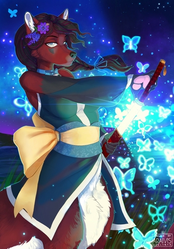 2019 araivis-edelveys black_nose braided_hair breasts brown_hair canid canine choker clothed clothing detailed_background digital_media_(artwork) female fur hair hi_res holding_object holding_sword holding_weapon jewelry mammal melee_weapon necklace night outside red_body red_fur solo sword taur weapon white_body white_fur yellow_eyes // 896x1280 // 248.5KB