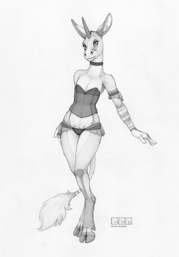 2018 anthro armlet biped clothed clothing cloven_hooves corset ecmajor equid equine equustra_(ecmajor) female full-length_portrait greyscale hi_res hooves horizontal_pupils horn horse lingerie looking_at_viewer mammal monochrome nipples panties portrait pupils simple_background smile solo standing teats topwear traditional_media_(artwork) underwear unicorn white_background // 1166x1668 // 1.4MB