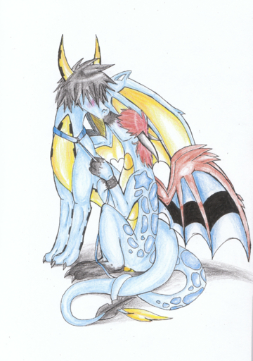 2011 absurd_res blue_body candygutz dragon duo female feral hi_res kissing leash male malefemale membrane_(anatomy) membranous_wings scalie wings // 2164x3075 // 8.3MB