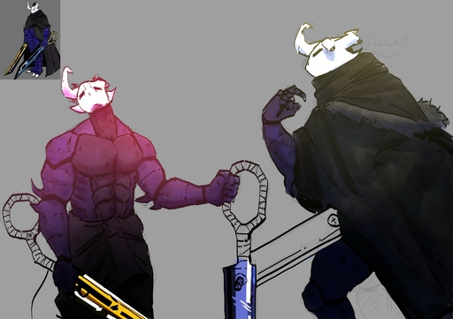 anthro arthropod athletic athletic_anthro athletic_male blue_sword clothing dual_wielding fecharis goonie-san hi_res holding_object holding_weapon hollow_knight horn insect male melee_weapon solo sword team_cherry video_games weapon yellow_sword // 2894x2039 // 368.7KB