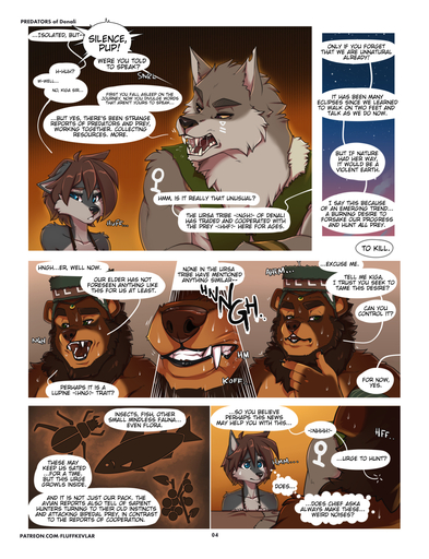 anthro blue_eyes bodily_fluids brown_hair canid canine canis clothed clothing comic dialogue english_text female fluff-kevlar hair male mammal sweat tala_(fluff-kevlar) text tribal ursid wolf // 906x1181 // 840.4KB