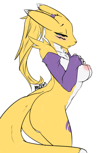 2013 anthro avante92 blush breasts butt canid canine digimon_(species) female fur hair hi_res mammal nipples ponytail renamon simple_background solo white_body white_fur yellow_body yellow_fur // 1400x2000 // 525KB