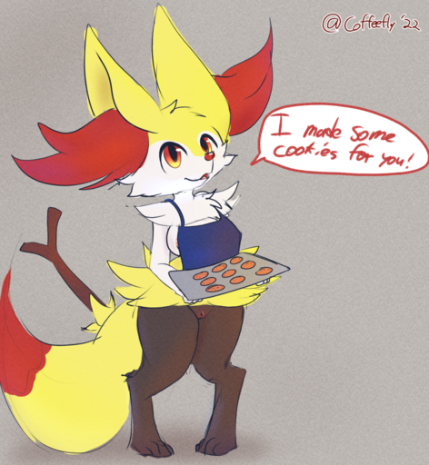 apron areola areola_slip braixen breasts clothing coffeefly cookie female food genitals hi_res pokemon_(species) pussy smile solo video_games // 1164x1263 // 1.9MB