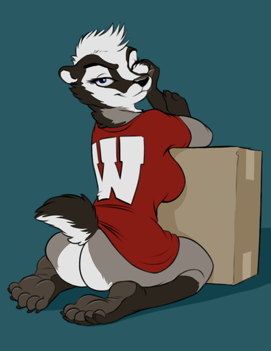 2018 5_toes american_badger anthro badger barefoot bedroom_eyes biped black_body black_fur black_nose blue_background blue_eyes bottomless breasts butt claws clothed clothing college college_football countershade_feet countershading eyelashes feet female fur hair half-closed_eyes jersey kalahari kneeling leg_markings looking_at_viewer looking_back mammal markings multicolored_body multicolored_fur mustelid musteline narrowed_eyes pinup pose school seductive shirt simple_background smile socks_(marking) soles solo toe_claws toes topwear white_body white_fur white_hair wisconsin_badgers // 715x926 // 163.6KB