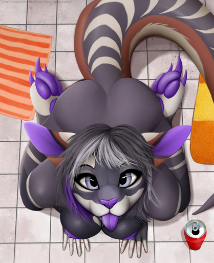 anthro areola beverage_can black_pupils blep breasts claws female fur grey_eyes grey_hair hair hi_res high-angle_view highlights_(coloring) kangaroo looking_at_viewer macropod mammal marsupial multicolored_ears nipples paintchaser pawpads pupils purple_areola purple_claws purple_highlights purple_inner_ear purple_nipples purple_nose purple_pawpads purple_tongue shaye solo tongue tongue_out // 1209x1482 // 1.9MB