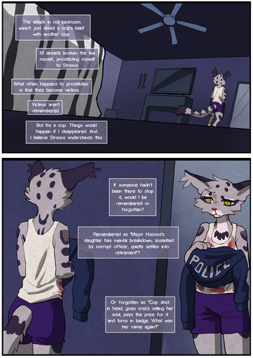 anthro bedroom black_spots blood bodily_fluids bottomwear ceiling_fan clothed clothing clouded_leopard comic english_text felid female fur green_eyes grey_body grey_fur grimart jonesy_hoovus_(grimart) mammal mirror pantherine pink_nose police_uniform purple_bottomwear purple_clothing purple_shorts shirt shorts solo spots standing tank_top television text topwear uniform white_clothing white_shirt white_tank_top white_topwear // 620x877 // 425.1KB