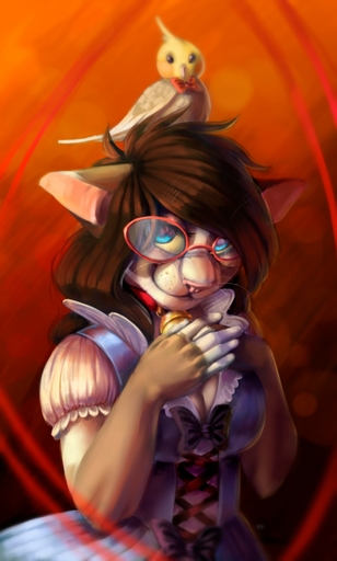 5_fingers anthro avian bell bird blue_eyes bow_tie brown_hair clothed clothing collar digital_media_(artwork) duo eyelashes eyewear female fingers glasses hair hi_res looking_at_viewer mammal mouse murid murine rodent shaded ulitochka // 769x1280 // 124KB