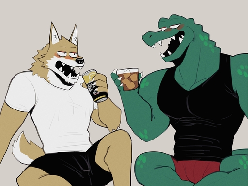 2021 4:3 anthro bottomwear canid canine clothing crocodilian drunk duo hi_res k0bit0wani male mammal reptile scalie shirt shorts simple_background substance_intoxication topwear white_background // 2600x1950 // 391.4KB