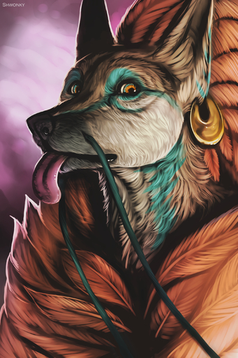 2015 2:3 absurd_res ambiguous_gender anthro black_nose bust_portrait canid canine digital_media_(artwork) ear_piercing heterochromia hi_res hybrid looking_at_viewer mammal piercing portrait shwonky solo tongue // 1900x2850 // 4.3MB